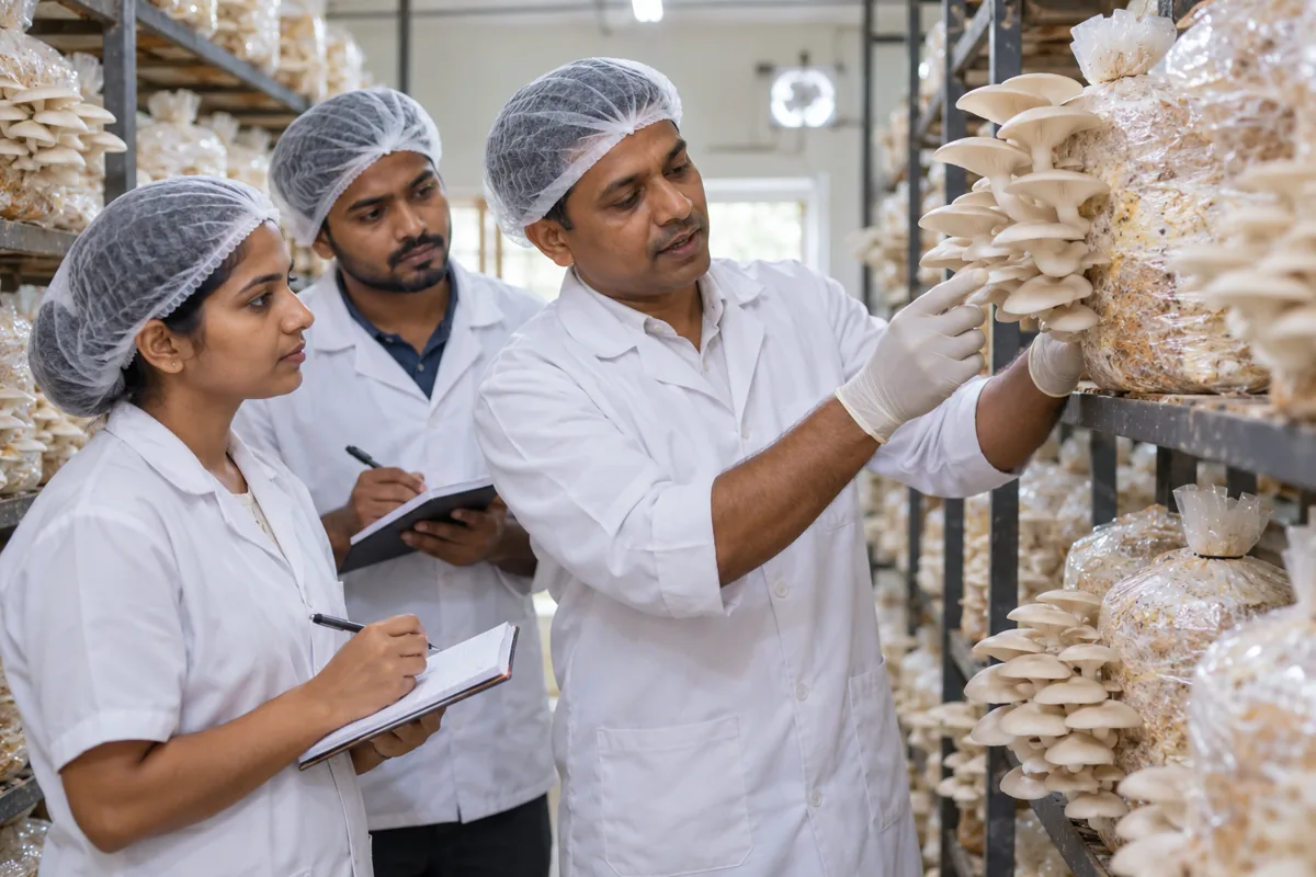 Mushroom specialist guiding a cultivation team · AI-generated role illustration.